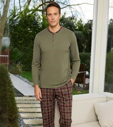 Pijamoni Erkek Standart Kalıp Pamuklu Düğme Yaka Uzun Kol Baharlık Pijama Takımı 6300/5H - 1 Adet