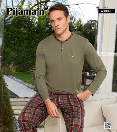 Pijamoni Erkek Standart Kalıp Pamuklu Düğme Yaka Uzun Kol Baharlık Pijama Takımı 6300/5H - 1 Adet
