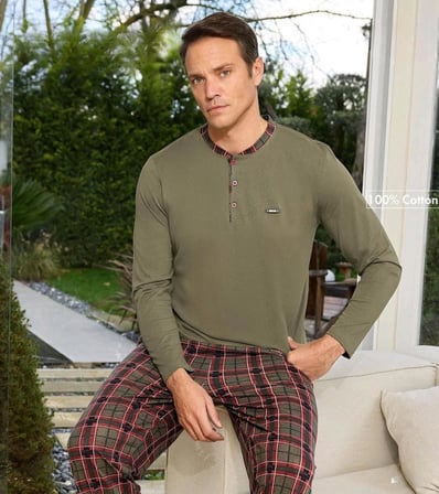 Pijamoni Erkek Standart Kalıp Pamuklu Düğme Yaka Uzun Kol Baharlık Pijama Takımı 6300/5H - 1 Adet