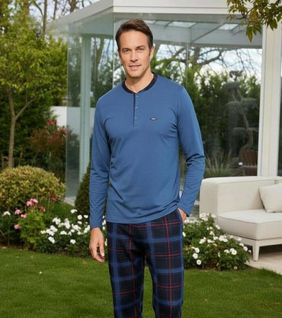 Pijamoni Erkek Standart Kalıp Pamuklu Düğme Yaka Uzun Kol Baharlık Pijama Takımı 6300/7S - 1 Adet