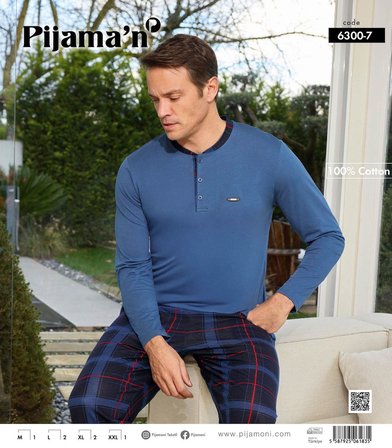 Pijamoni Erkek Standart Kalıp Pamuklu Düğme Yaka Uzun Kol Baharlık Pijama Takımı 6300/7S - 1 Adet