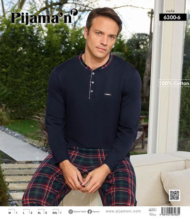 Pijamoni Erkek Standart Kalıp Pamuklu Düğme Yaka Uzun Kol Baharlık Pijama Takımı 6300/6L - 1 Adet