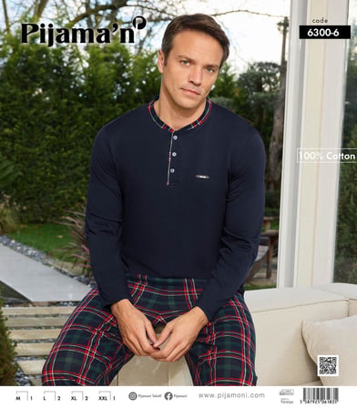 Pijamoni Erkek Standart Kalıp Pamuklu Düğme Yaka Uzun Kol Baharlık Pijama Takımı 6300/6L - 1 Adet