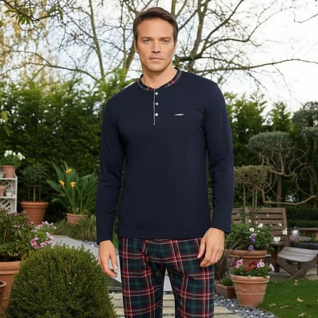 Pijamoni Erkek Standart Kalıp Pamuklu Düğme Yaka Uzun Kol Baharlık Pijama Takımı 6300/6L - 1 Adet