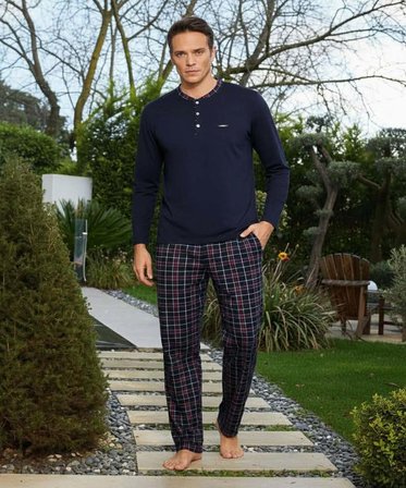 Pijamoni Erkek Standart Kalıp Pamuklu Düğme Yaka Uzun Kol Baharlık Pijama Takımı 6300/8L - 1 Adet