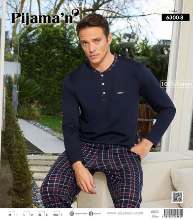Pijamoni Erkek Standart Kalıp Pamuklu Düğme Yaka Uzun Kol Baharlık Pijama Takımı 6300/8L - 1 Adet