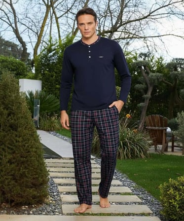 Pijamoni Erkek Standart Kalıp Pamuklu Düğme Yaka Uzun Kol Baharlık Pijama Takımı 6300/8L - 1 Adet
