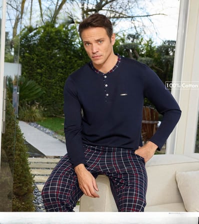 Pijamoni Erkek Standart Kalıp Pamuklu Düğme Yaka Uzun Kol Baharlık Pijama Takımı 6300/8L - 1 Adet