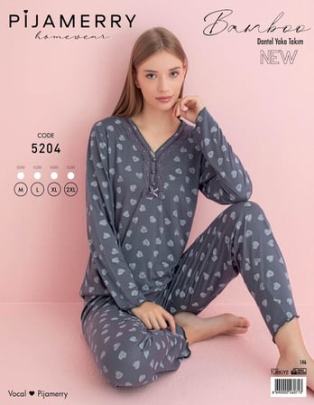 Pijamerry Kadın Bambu Baharlık Dantel Yaka Uzun Kol İnce Pijama Takımı 5204F - 1 Adet