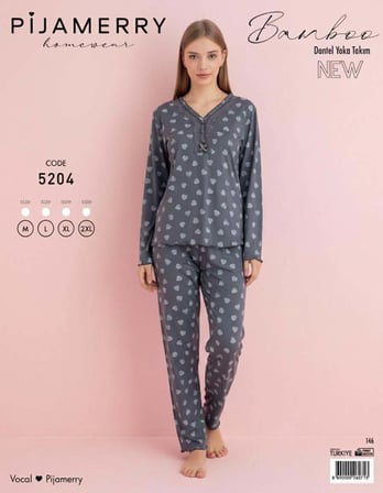Pijamerry Kadın Bambu Baharlık Dantel Yaka Uzun Kol İnce Pijama Takımı 5204F - 1 Adet