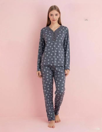 Pijamerry Kadın Bambu Baharlık Dantel Yaka Uzun Kol İnce Pijama Takımı 5204F - 1 Adet