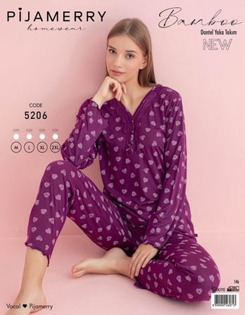 Pijamerry Kadın Bambu Baharlık Dantel Yaka Uzun Kol İnce Pijama Takımı 5206M - 1 Adet