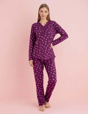 Pijamerry Kadın Bambu Baharlık Dantel Yaka Uzun Kol İnce Pijama Takımı 5206M - 1 Adet