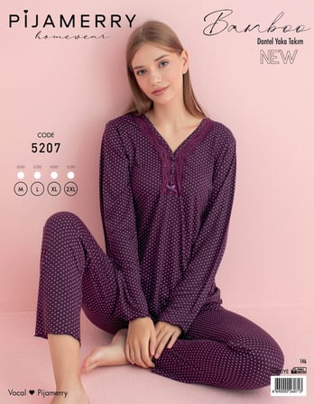 Pijamerry Kadın Bambu Baharlık Dantel Yaka Uzun Kol İnce Pijama Takımı 5207M - 1 Adet