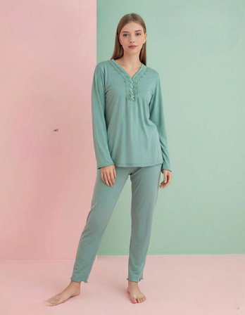 Pijamerry Kadın Bambu Baharlık Dantel Yaka Uzun Kol İnce Pijama Takımı 5208Y - 1 Adet
