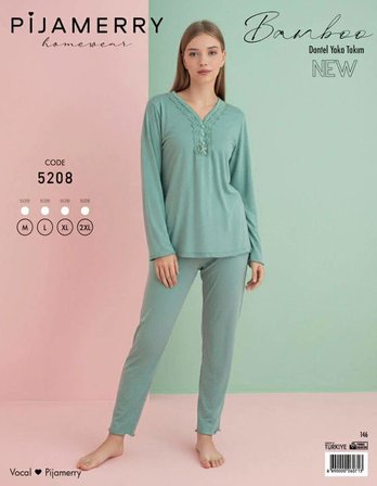 Pijamerry Kadın Bambu Baharlık Dantel Yaka Uzun Kol İnce Pijama Takımı 5208Y - 1 Adet
