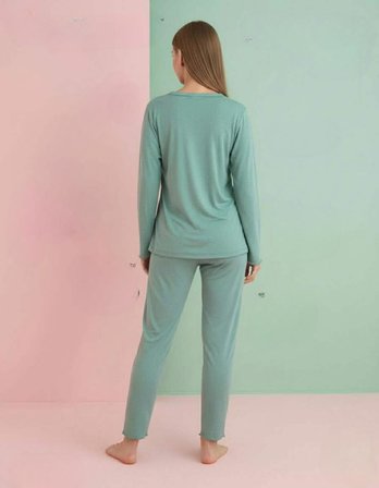 Pijamerry Kadın Bambu Baharlık Dantel Yaka Uzun Kol İnce Pijama Takımı 5208Y - 1 Adet