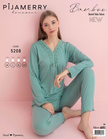 Pijamerry Kadın Bambu Baharlık Dantel Yaka Uzun Kol İnce Pijama Takımı 5208Y - 1 Adet