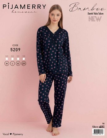 Pijamerry Kadın Bambu Baharlık Dantel Yaka Uzun Kol İnce Pijama Takımı 5209L - 1 Adet