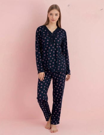Pijamerry Kadın Bambu Baharlık Dantel Yaka Uzun Kol İnce Pijama Takımı 5209L - 1 Adet