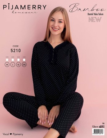 Pijamerry Kadın Bambu Baharlık Dantel Yaka Uzun Kol İnce Pijama Takımı 5210S - 1 Adet