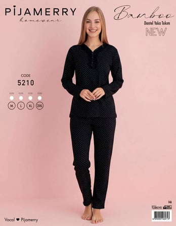Pijamerry Kadın Bambu Baharlık Dantel Yaka Uzun Kol İnce Pijama Takımı 5210S - 1 Adet