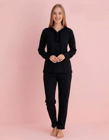 Pijamerry Kadın Bambu Baharlık Dantel Yaka Uzun Kol İnce Pijama Takımı 5210S - 1 Adet