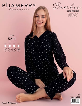 Pijamerry Kadın Bambu Baharlık Dantel Yaka Uzun Kol İnce Pijama Takımı 5211S - 1 Adet