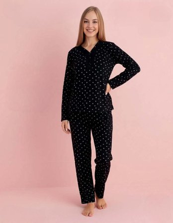 Pijamerry Kadın Bambu Baharlık Dantel Yaka Uzun Kol İnce Pijama Takımı 5211S - 1 Adet