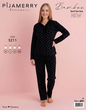 Pijamerry Kadın Bambu Baharlık Dantel Yaka Uzun Kol İnce Pijama Takımı 5211S - 1 Adet
