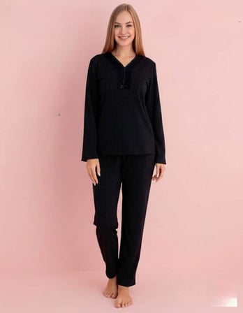 Pijamerry Kadın Bambu Baharlık Dantel Yaka Uzun Kol İnce Pijama Takımı 5212S - 1 Adet