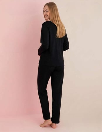 Pijamerry Kadın Bambu Baharlık Dantel Yaka Uzun Kol İnce Pijama Takımı 5212S - 1 Adet