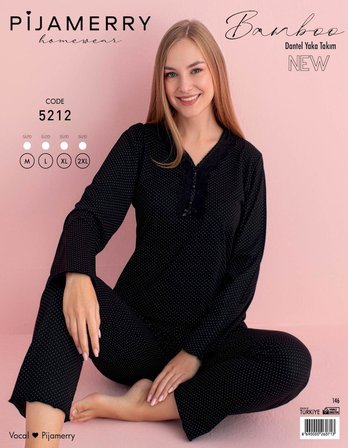 Pijamerry Kadın Bambu Baharlık Dantel Yaka Uzun Kol İnce Pijama Takımı 5212S - 1 Adet