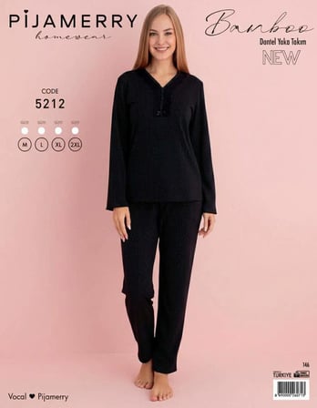 Pijamerry Kadın Bambu Baharlık Dantel Yaka Uzun Kol İnce Pijama Takımı 5212S - 1 Adet