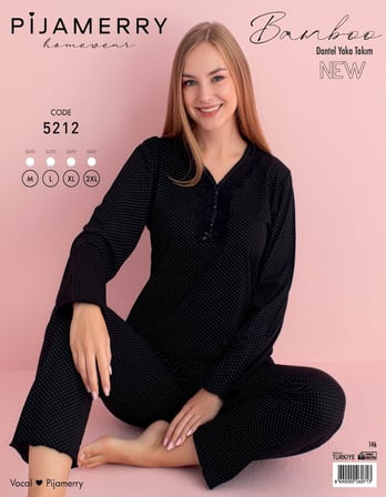 Pijamerry Kadın Bambu Baharlık Dantel Yaka Uzun Kol İnce Pijama Takımı 5212S - 1 Adet