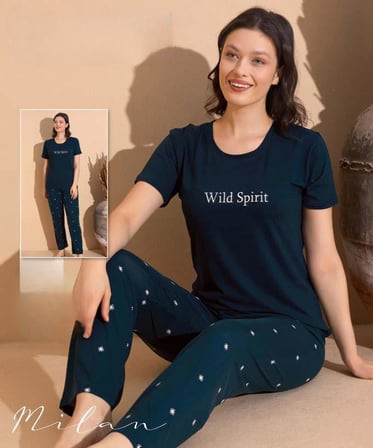 Boyraz Slim Fit Dar Kesim Kadın Milan Bisiklet Yaka Kısa Kol Pijama Takımı 11002Y - 1 Adet