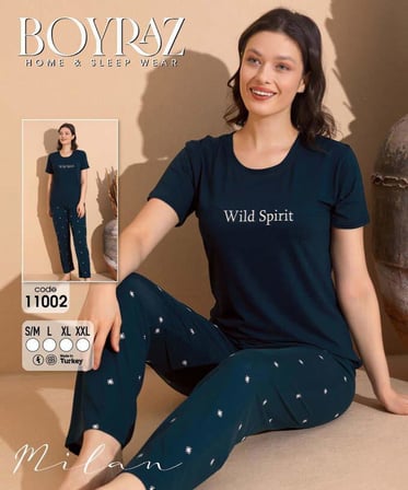 Boyraz Slim Fit Dar Kesim Kadın Milan Bisiklet Yaka Kısa Kol Pijama Takımı 11002Y - 1 Adet