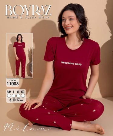 Boyraz Slim Fit Dar Kesim Kadın Milan Bisiklet Yaka Kısa Kol Pijama Takımı 11003B - 1 Adet