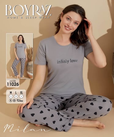 Boyraz Slim Fit Dar Kesim Kadın Milan Bisiklet Yaka Kısa Kol Pijama Takımı 11026G - 1 Adet