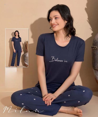 Boyraz Slim Fit Dar Kesim Kadın Milan Bisiklet Yaka Kısa Kol Pijama Takımı 11005F - 1 Adet