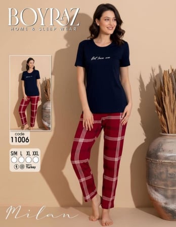 Boyraz Slim Fit Dar Kesim Kadın Milan Bisiklet Yaka Kısa Kol Pijama Takımı 11006L - 1 Adet