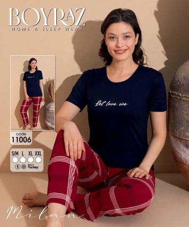 Boyraz Slim Fit Dar Kesim Kadın Milan Bisiklet Yaka Kısa Kol Pijama Takımı 11006L - 1 Adet