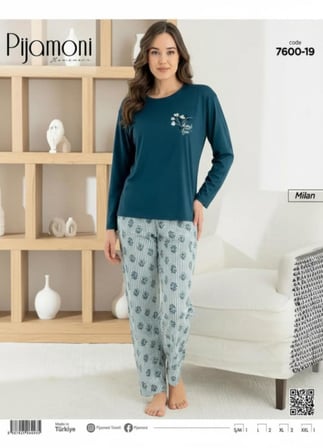 Pijamoni Kadın Milan Bisiklet Yaka Uzun Kol İnce Pijama Takımı 7600/19 - 1 Adet