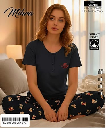 Mihra Kadın Compakt Penye Düğmeli Yaka Kısa Kol İnce Pijama Takımı 90783L - 1 Adet