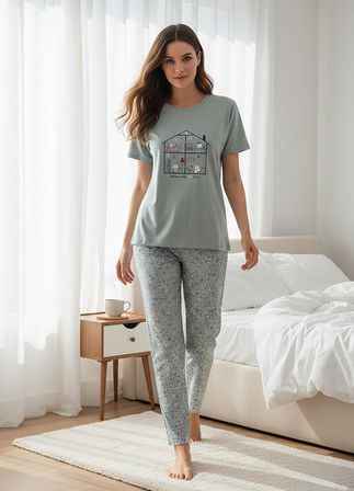 Mihra Kadın Compakt Penye Bisiklet Yaka Kısa Kol İnce Pijama Takımı 90784M - 1 Adet
