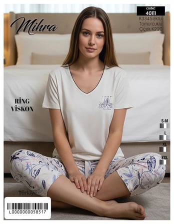 Mihra Kadın Viskon V Yaka Kısa Kol KAPRİ Likralı Pijama Takımı 40111E - 1 Adet