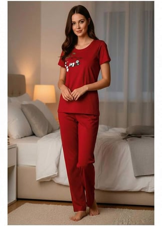 Mihra Kadın Milan Bisiklet Yaka Kısa Kol Likralı Pijama Takımı 50125K - 1 Adet