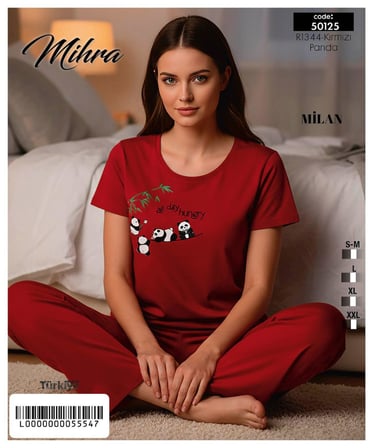 Mihra Kadın Milan Bisiklet Yaka Kısa Kol Likralı Pijama Takımı 50125K - 1 Adet