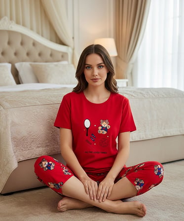 Mihra Kadın %100 Pamuk Bisiklet Yaka Kısa Kol KAPRİ  Pijama Takımı 90787K - 1 Adet