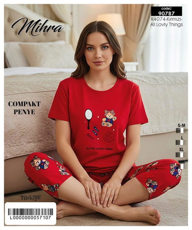Mihra Kadın %100 Pamuk Bisiklet Yaka Kısa Kol KAPRİ  Pijama Takımı 90787K - 1 Adet
